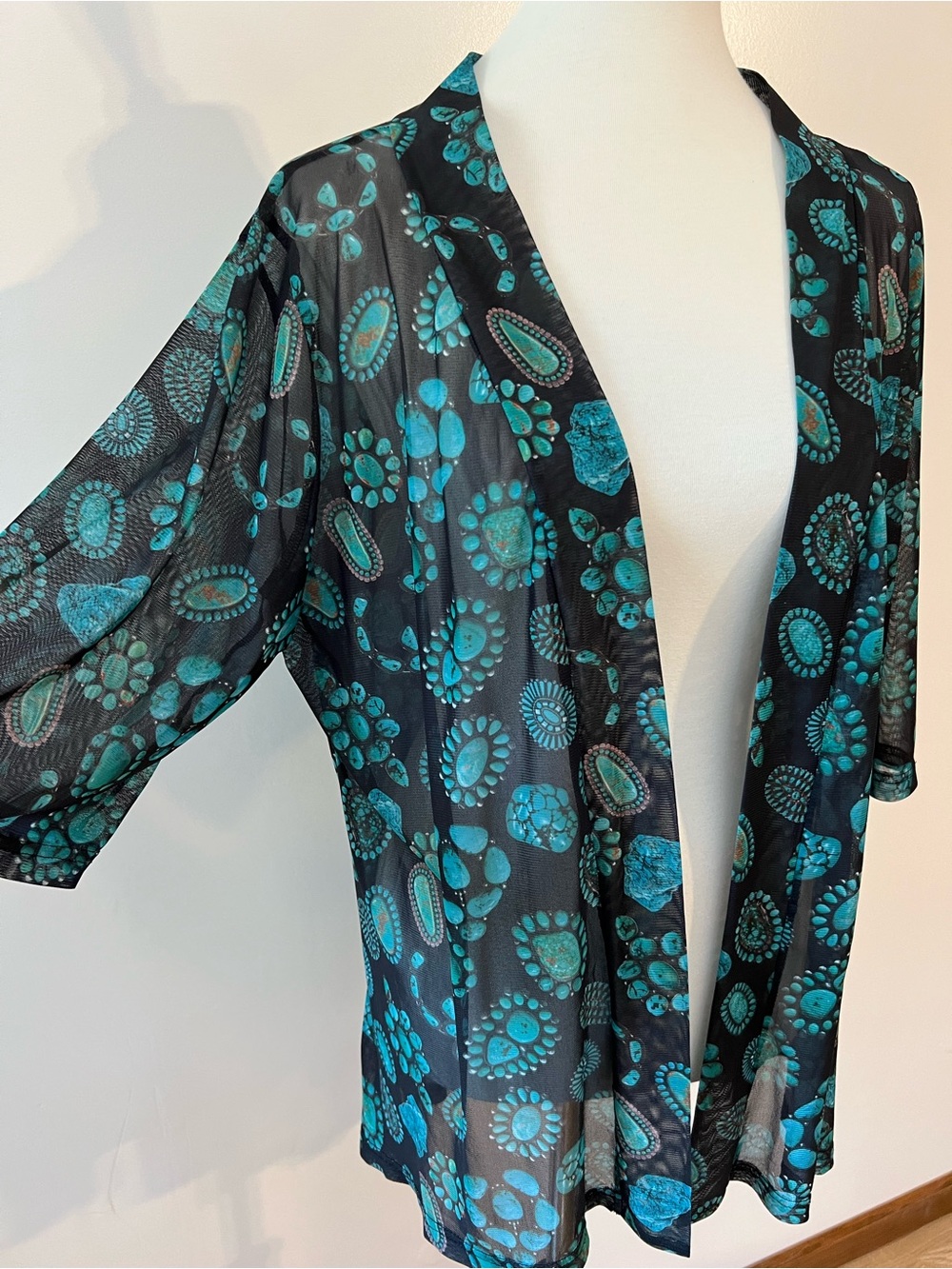 Sterling Kreek Touch of Turquoise Sheer Paisley Western Mesh Open Cardigan Boho